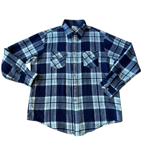 Vintage 70's Sears Navy White Plaid Flannel button down size XL Tall - Picture 1 of 16